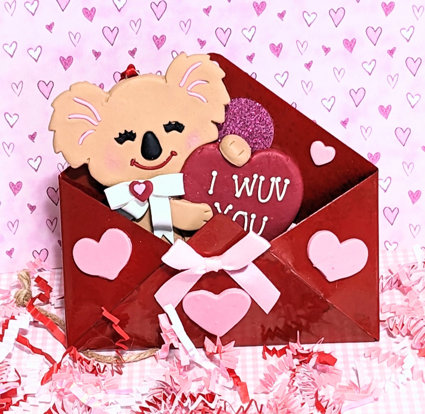 Koala Bear "I Wuv You" Valentine Ornament Handmade Polymer Clay Koala Sitting in Tin Envelope
