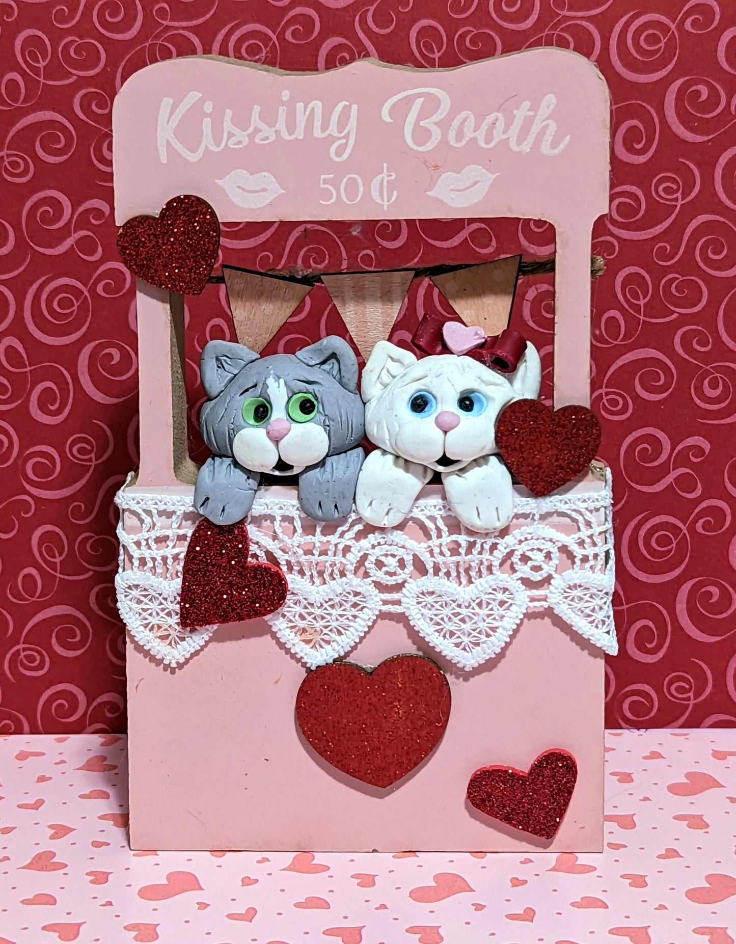 Two Kitty Cats in Kissing Booth / Handmade Polymer Clay Valentine Decoration
