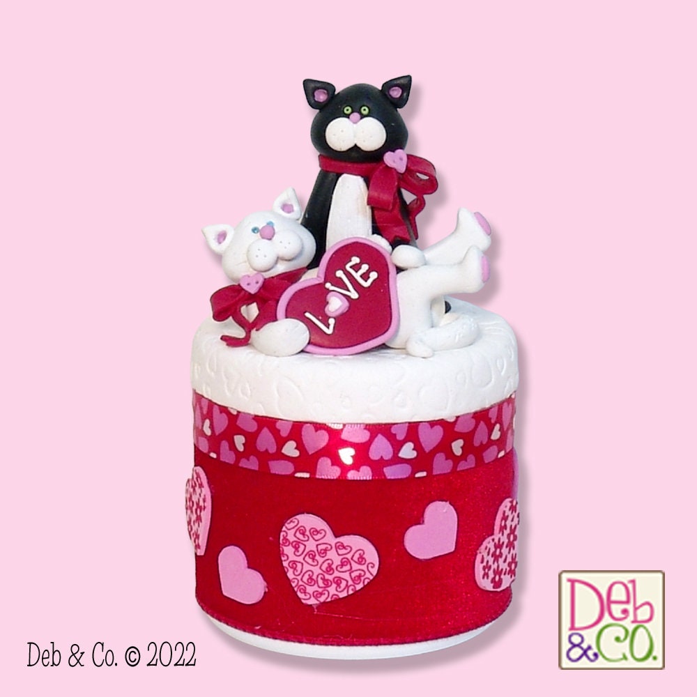 Valentine KITTY CAT COUPLE on Trinket / Keepsake / Cat Treats Storage Box - Jar Handmade Polymer Clay