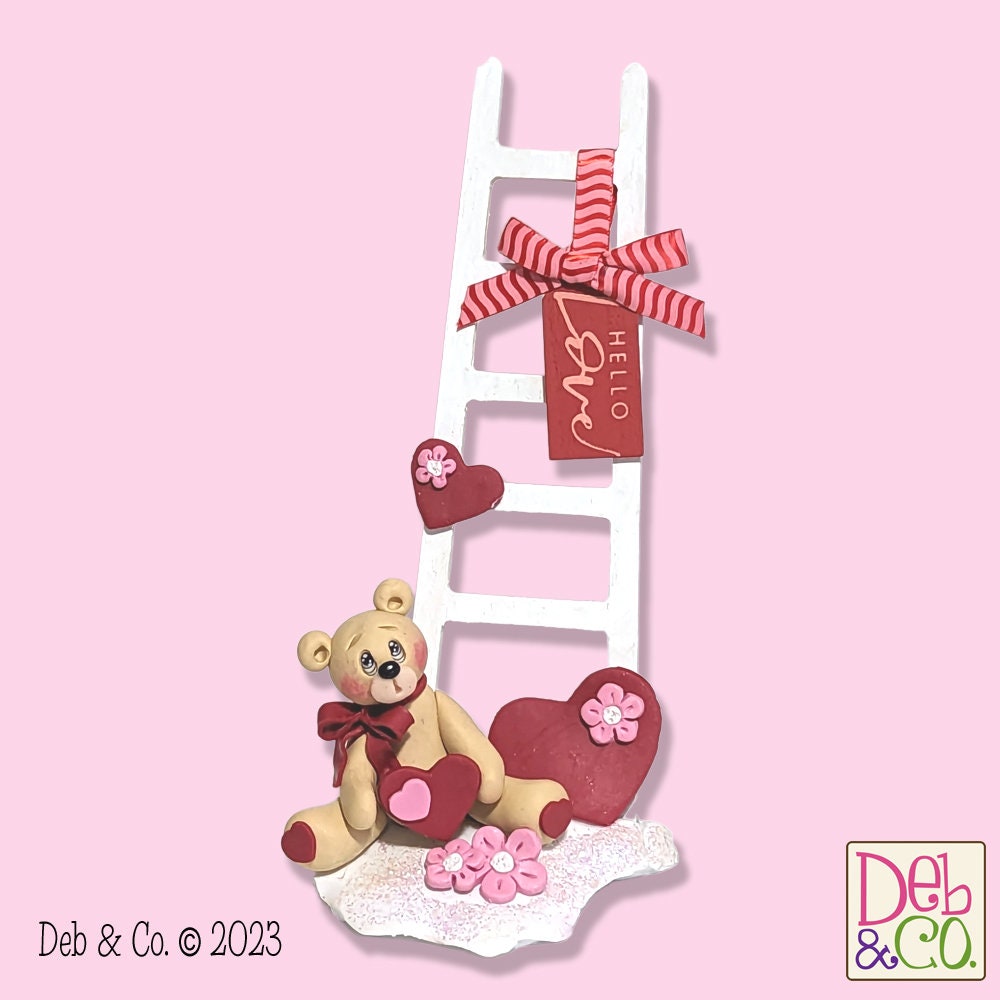 Tan Bear with Wooden Ladder Handmade Polymer Clay Figurine Valentine Decor