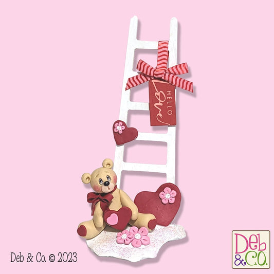 Tan Bear with Wooden Ladder Handmade Polymer Clay Figurine Valentine Decor