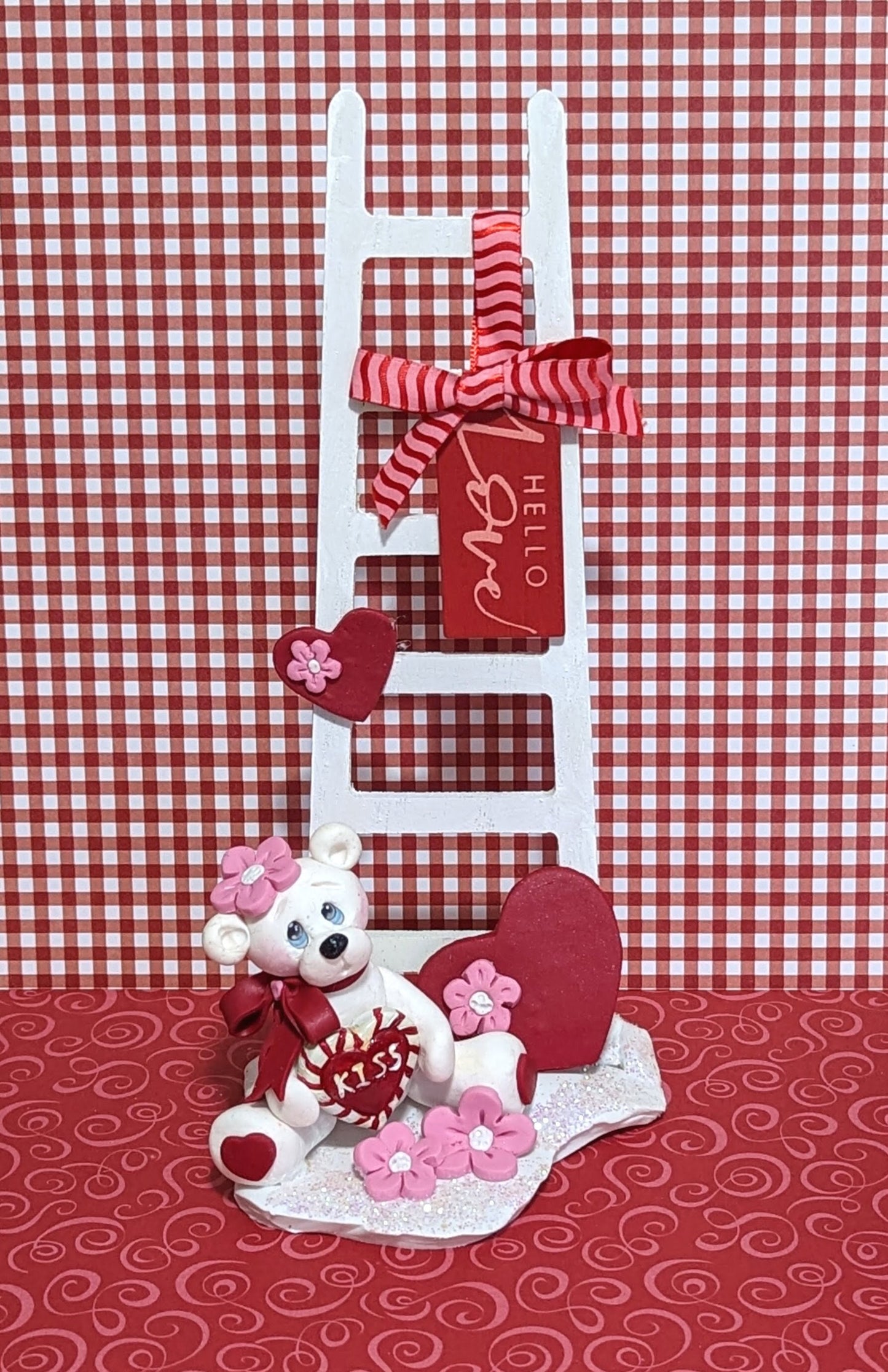 Polar Bear with Wooden Ladder Handmade Polymer Clay Figurine Valentine Decor