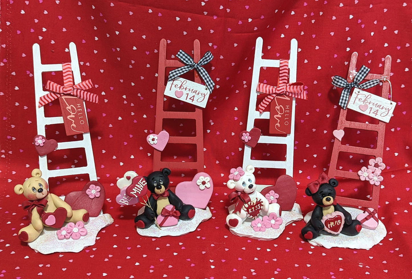 Polar Bear with Wooden Ladder Handmade Polymer Clay Figurine Valentine Decor