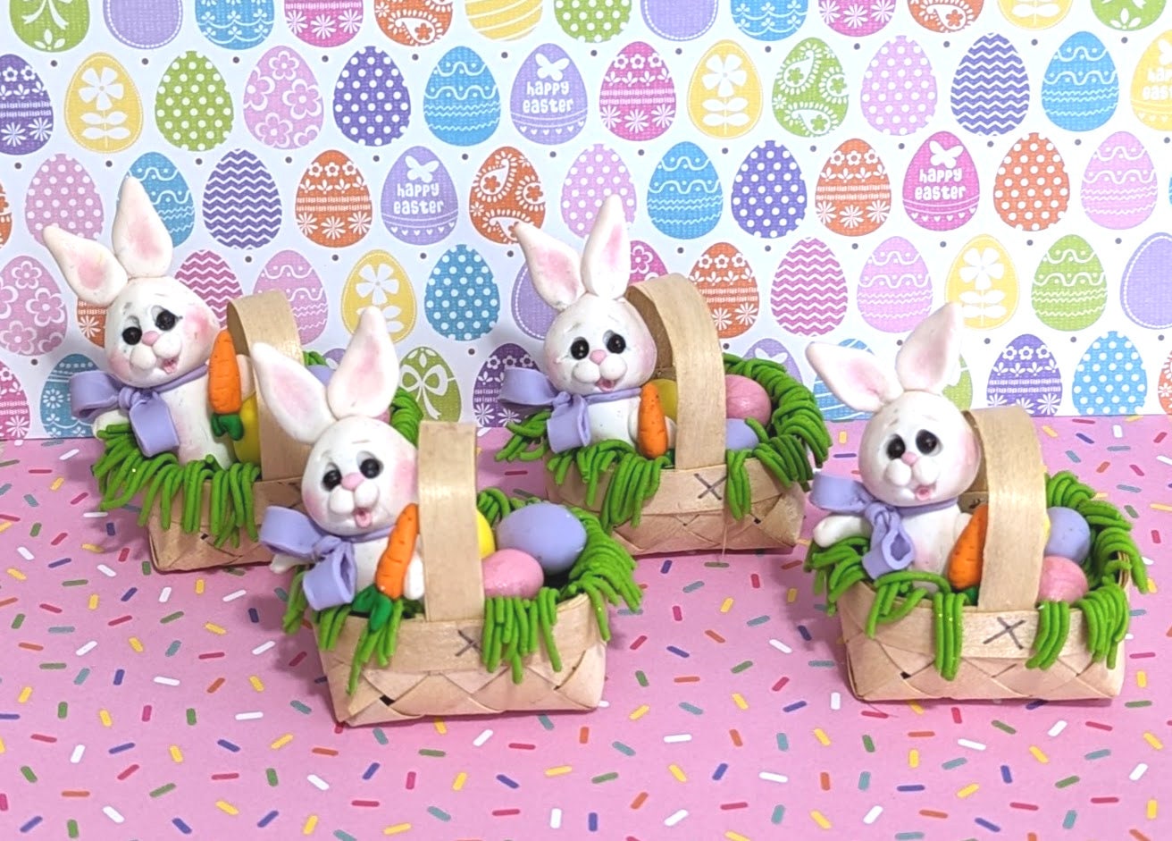 BUNNY in Basket Handmade Polymer Clay Figurine Easter Decor