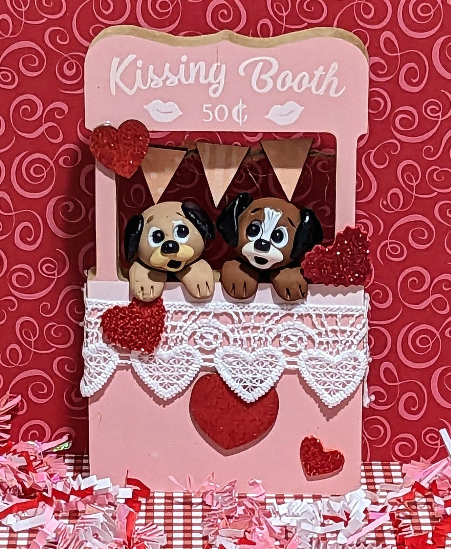 Two Puppies in Kissing Booth / Handmade Polymer Clay Valentine Decor Clay Valentine Decoration