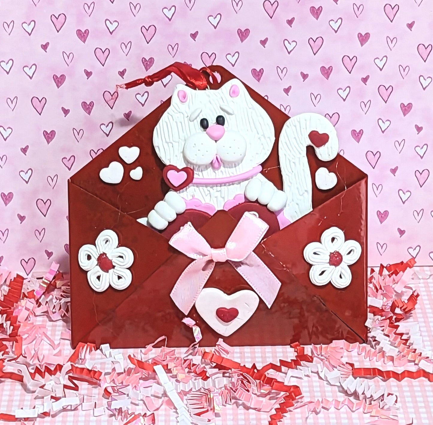 Kitty Cat "U R Purr-fect"  Valentine Ornament Handmade Polymer Clay Sitting in Tin Envelope