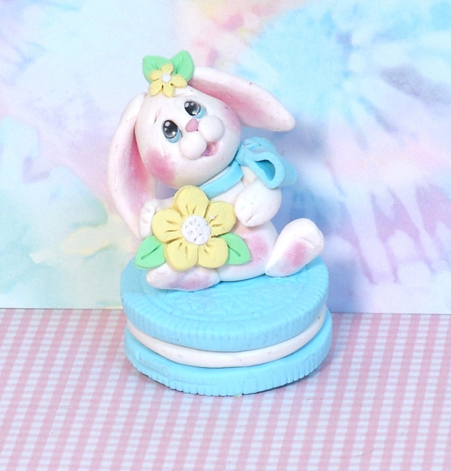 White Baby Bunny on Cookie Easter Bunny Handmade Polymer Clay Easter Décor -1