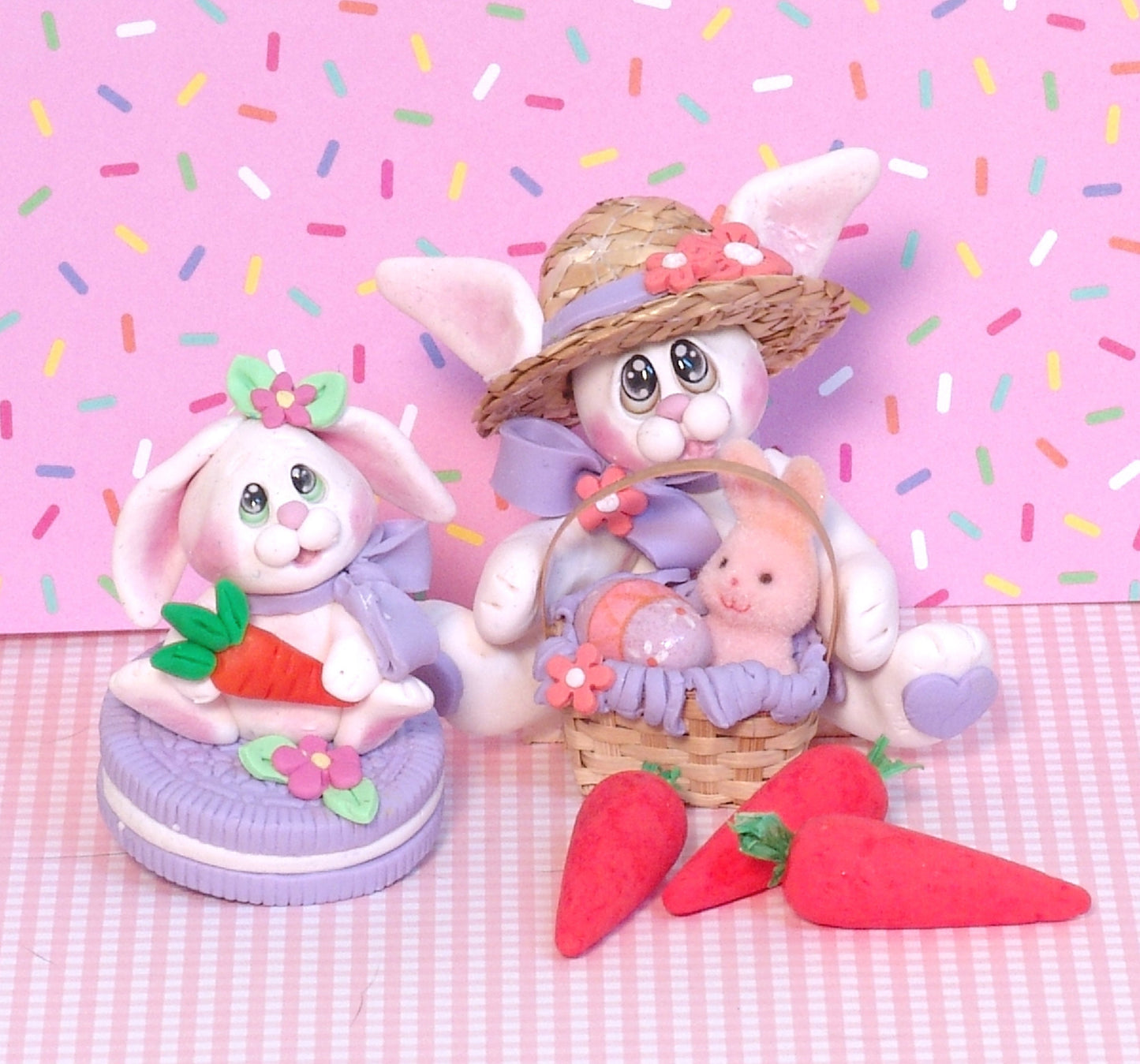 White EASTER BUNNY with Straw Hat and Basket Figurine Ornament Handmade Polymer Clay - Made to Order -1