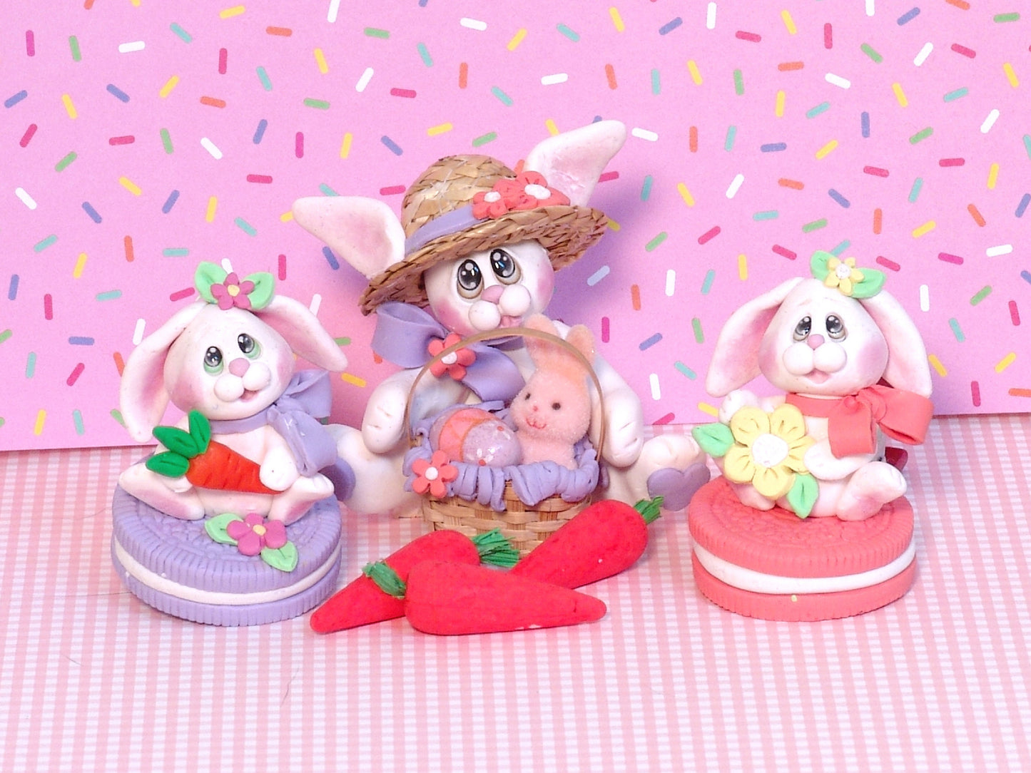 White EASTER BUNNY with Straw Hat and Basket Figurine Ornament Handmade Polymer Clay - Made to Order -1