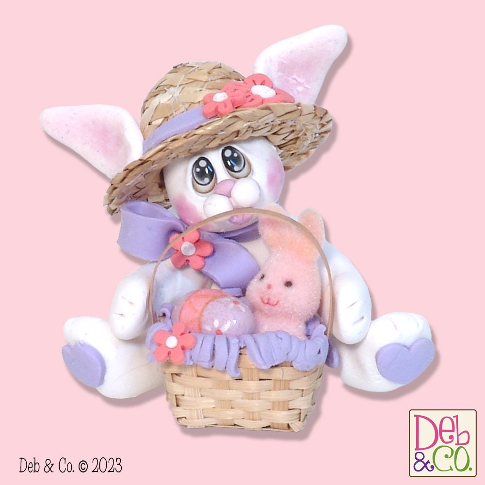 White EASTER BUNNY with Straw Hat and Basket Figurine Ornament Handmade Polymer Clay - Made to Order -1