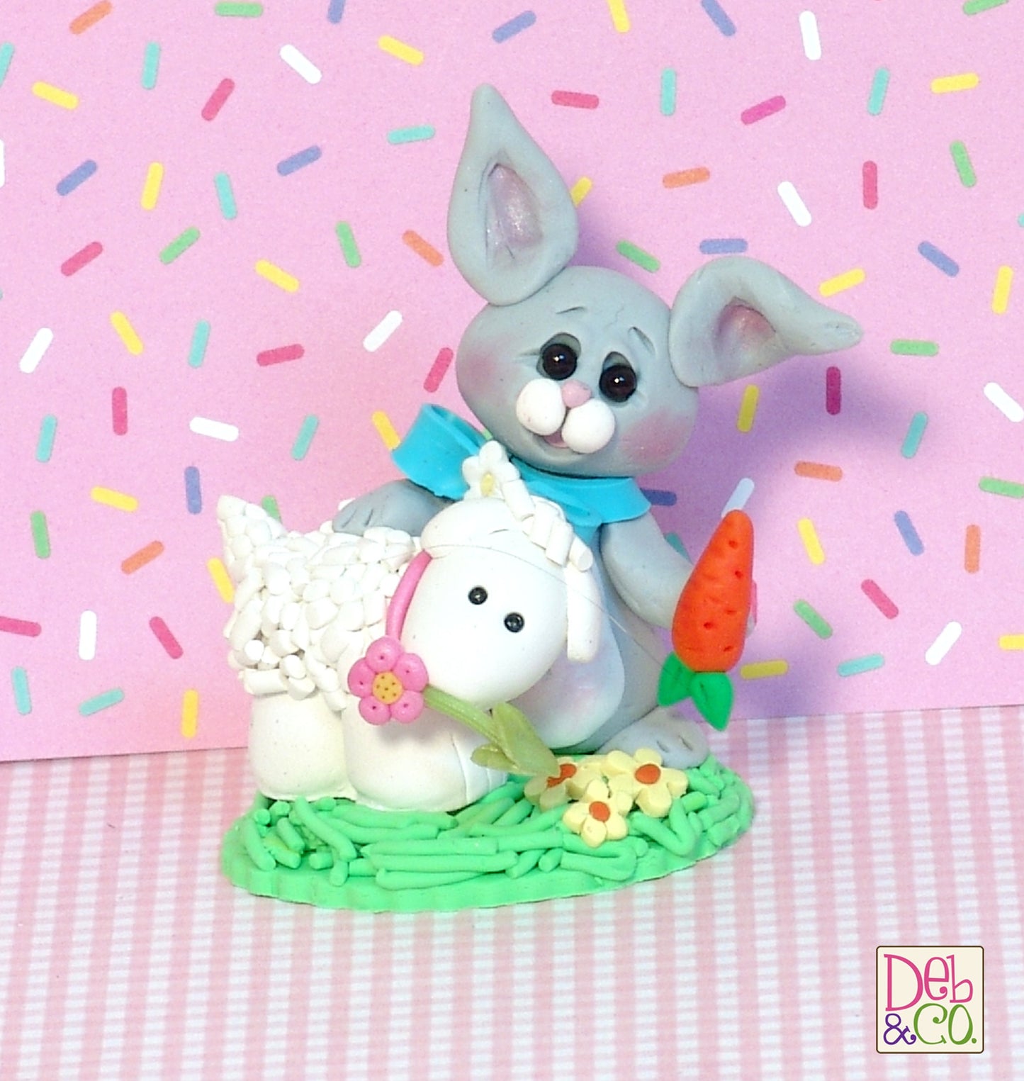 Little Gray Belly Bunny with Lamb Figurine Handmade Polymer Clay Easter Decor