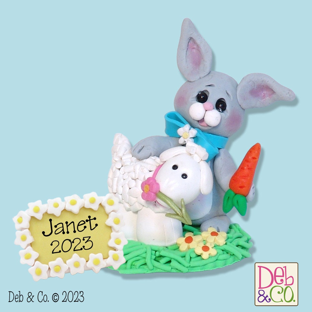 Little Gray Belly Bunny with Lamb Figurine Handmade Polymer Clay Easter Decor