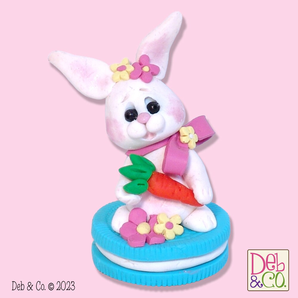 White Baby Bunny on Turquoise Cookie Easter Bunny Handmade Polymer Clay Easter Decor