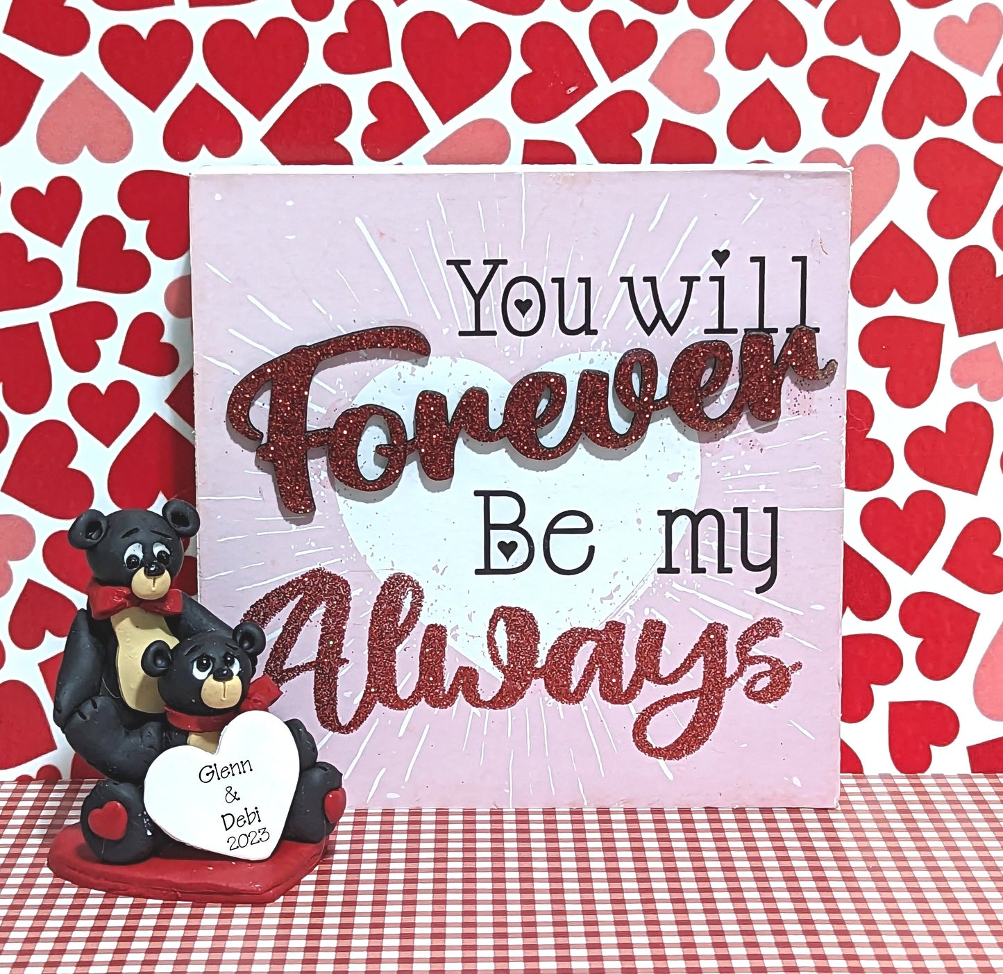 Black Bear Couple with "Forever Be My Always" Plaque Handmade Polymer Clay Personalized Valentine Decor- 2 Piece Set