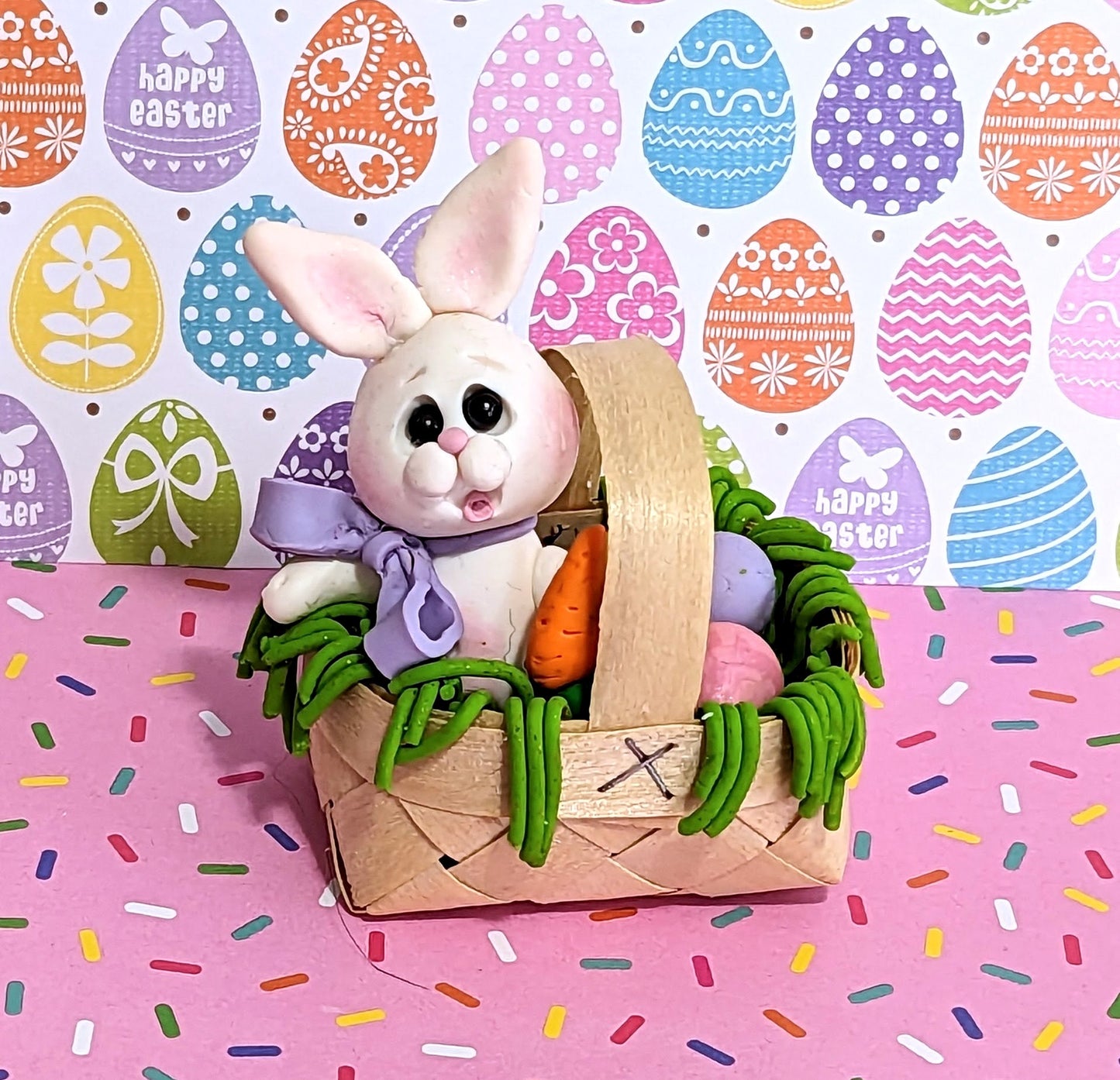 BUNNY in Basket Handmade Polymer Clay Figurine Easter Decor