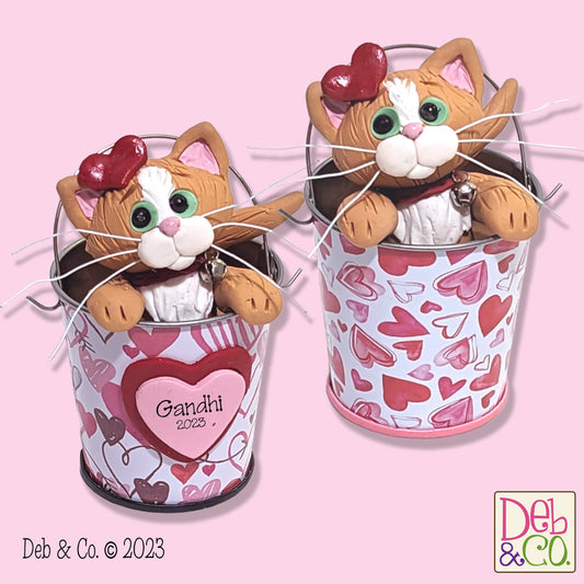 Orange KITTY CAT in Valentine Bucket Handmade Polymer Clay Valentine Decor