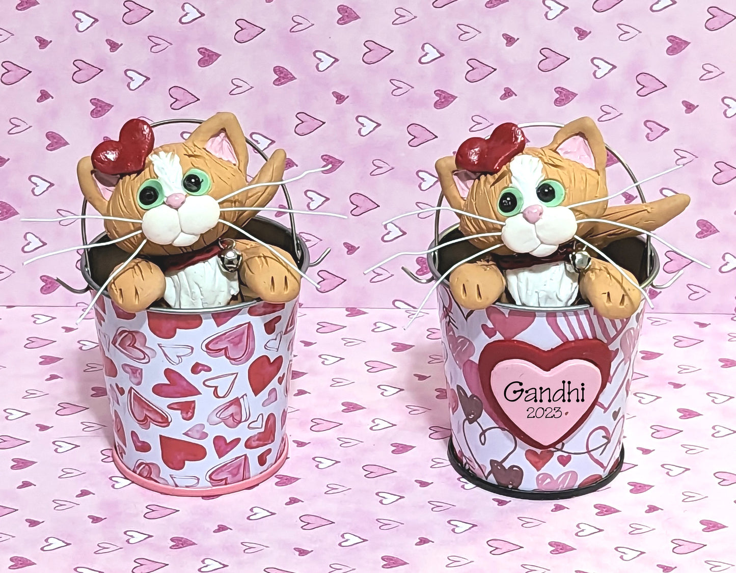 Orange KITTY CAT in Valentine Bucket Handmade Polymer Clay Valentine Decor