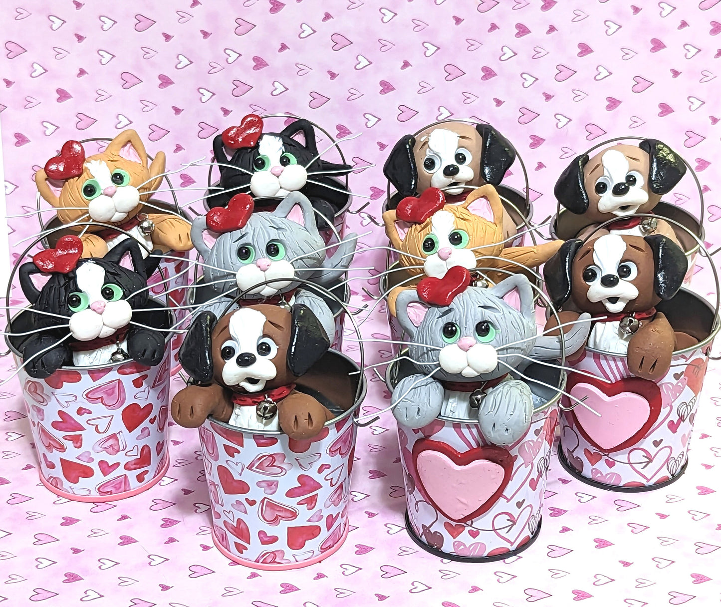 Orange KITTY CAT in Valentine Bucket Handmade Polymer Clay Valentine Decor