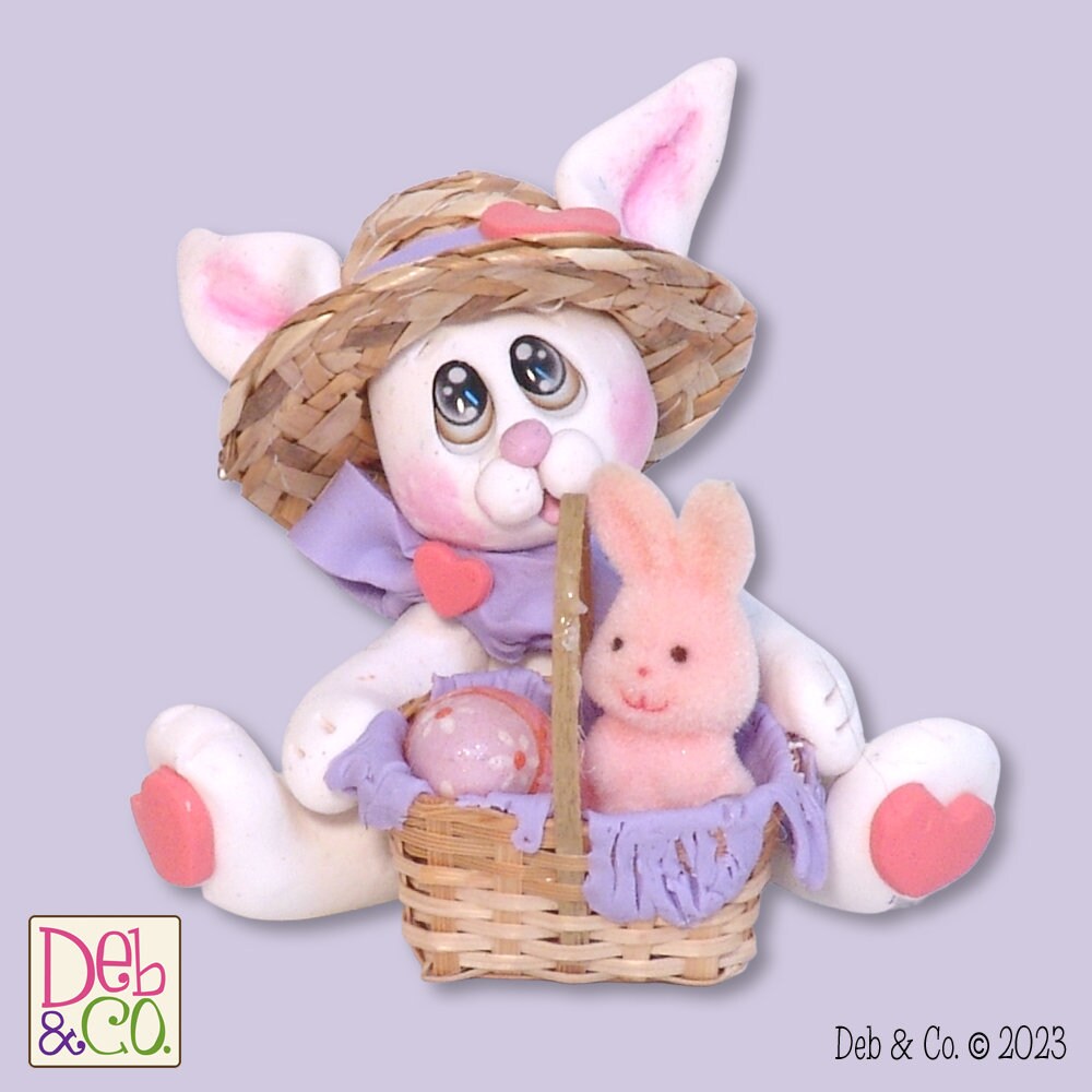 White EASTER BUNNY with Straw Hat and Basket Figurine Ornament Handmade Polymer Clay