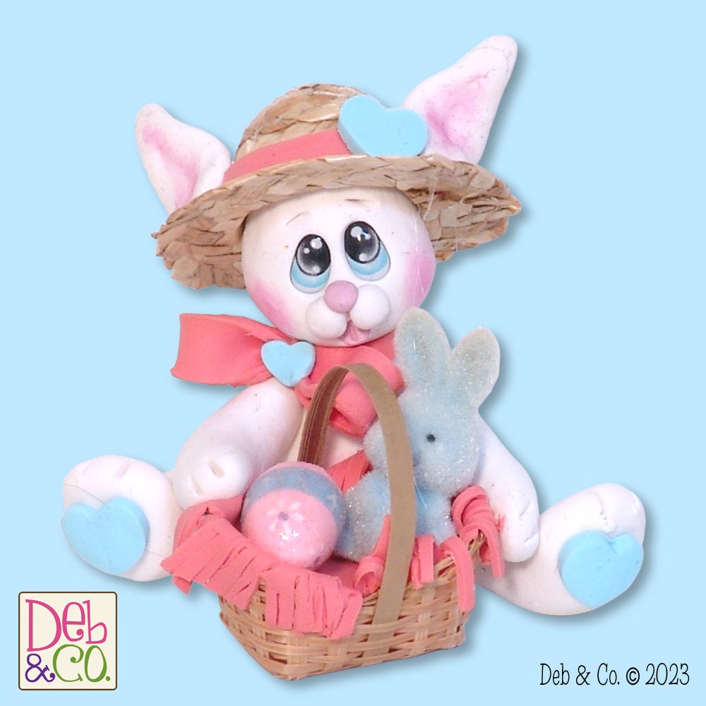 White EASTER BUNNY with Straw Hat and Basket Figurine Ornament Handmade Polymer Clay -2