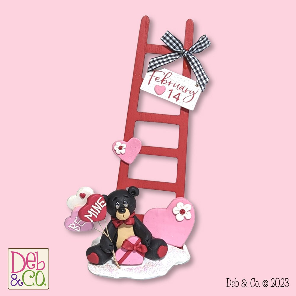 Black Bear with Wooden Ladder Handmade Polymer Clay Figurine Valentine Decor
