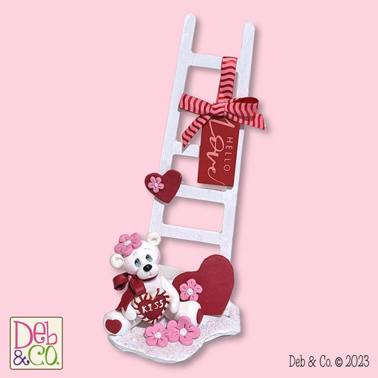 Polar Bear with Wooden Ladder Handmade Polymer Clay Figurine Valentine Decor