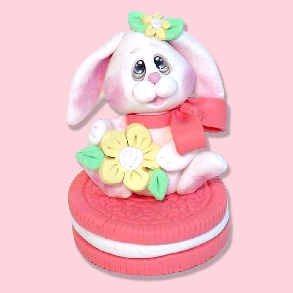 White Baby Bunny on Cookie Easter Bunny Handmade Polymer Clay Easter Décor -1