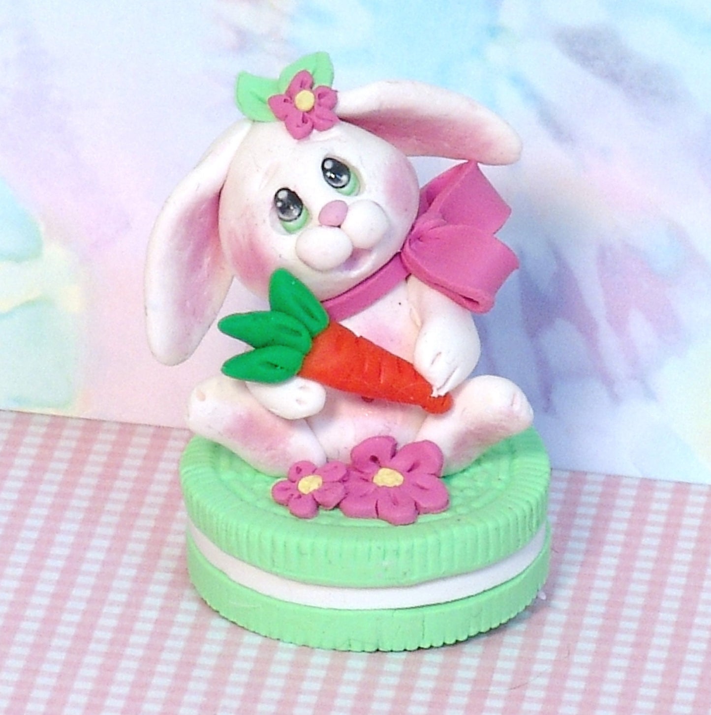 White Baby Bunny on Cookie Easter Bunny Handmade Polymer Clay Easter Décor -1