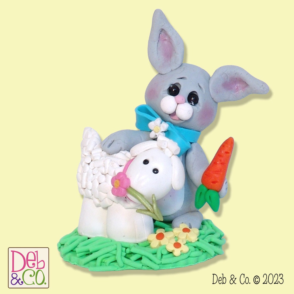 Little Gray Belly Bunny with Lamb Figurine Handmade Polymer Clay Easter Decor