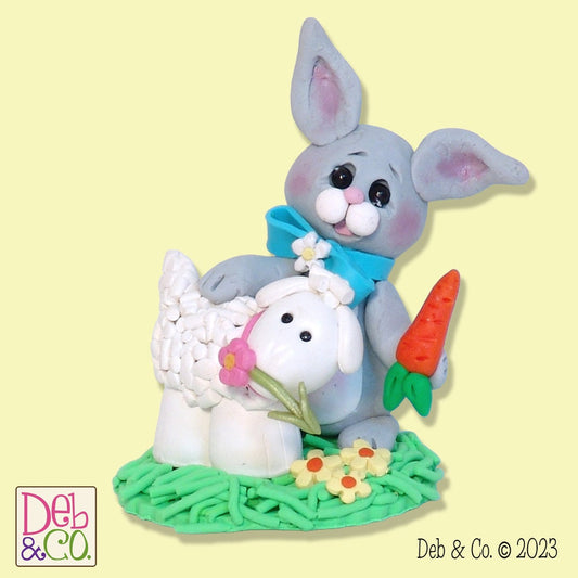 Little Gray  Belly Bunny with Lamb Figurine Handmade Polymer Clay Easter Decor