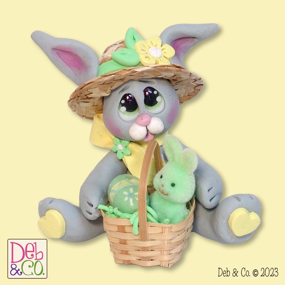 Gray EASTER BUNNY with Straw Hat and Basket Figurine Ornament Handmade Polymer Clay - Made to Order