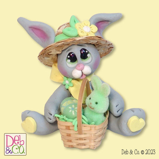 Gray EASTER BUNNY with Straw Hat and Basket Figurine Ornament Handmade Polymer Clay - Made to Order