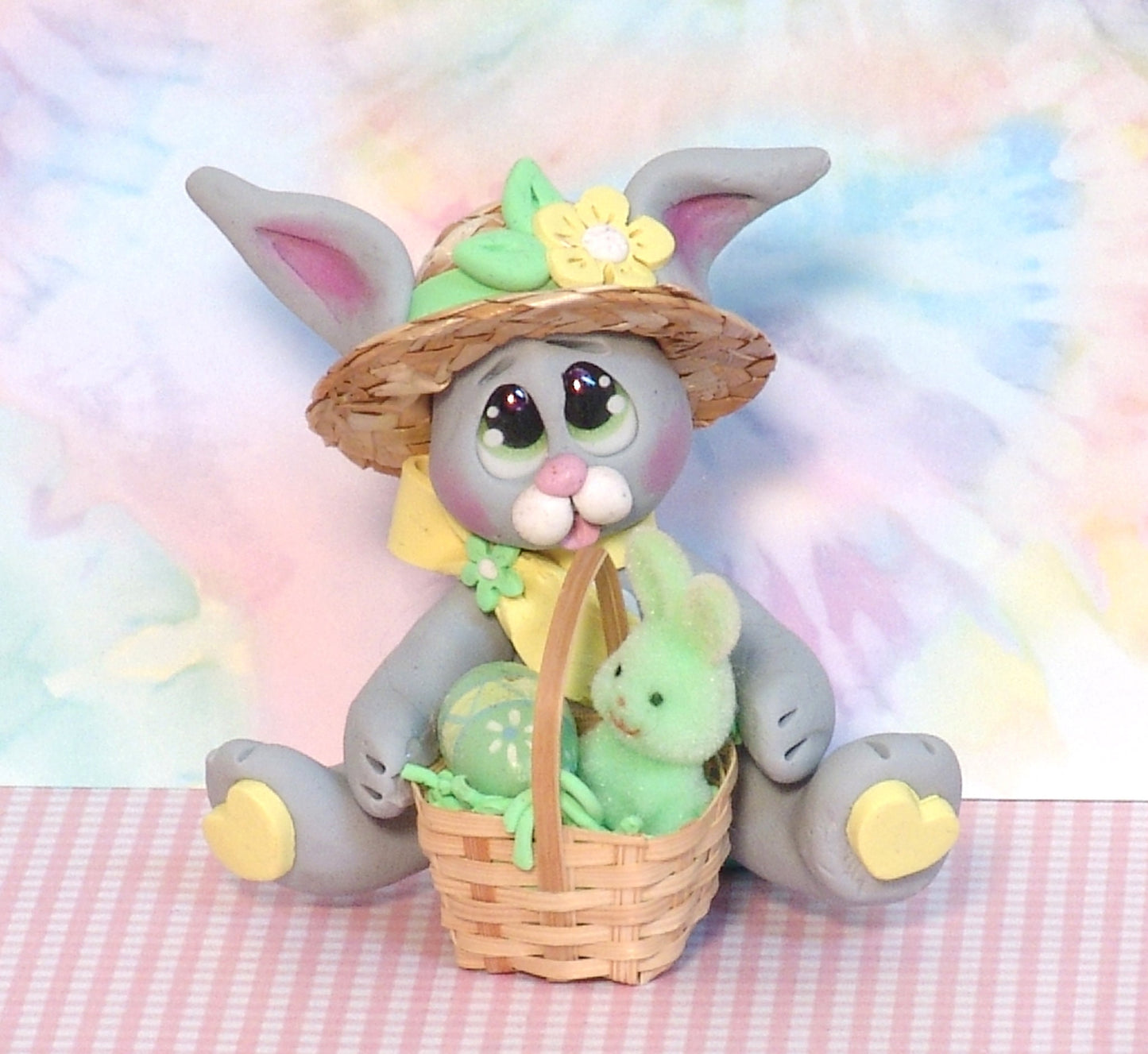 Gray EASTER BUNNY with Straw Hat and Basket Figurine Ornament Handmade Polymer Clay - Made to Order