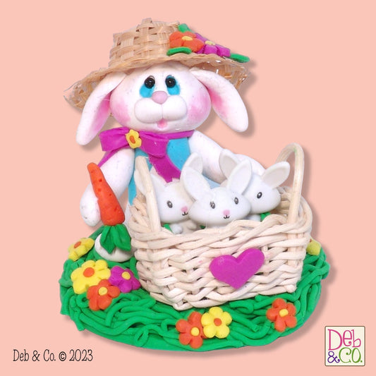 Mama Bunny Rabbit with Baby Bunnies HANDMADE POLYMER CLAY Easter Decor Figurine