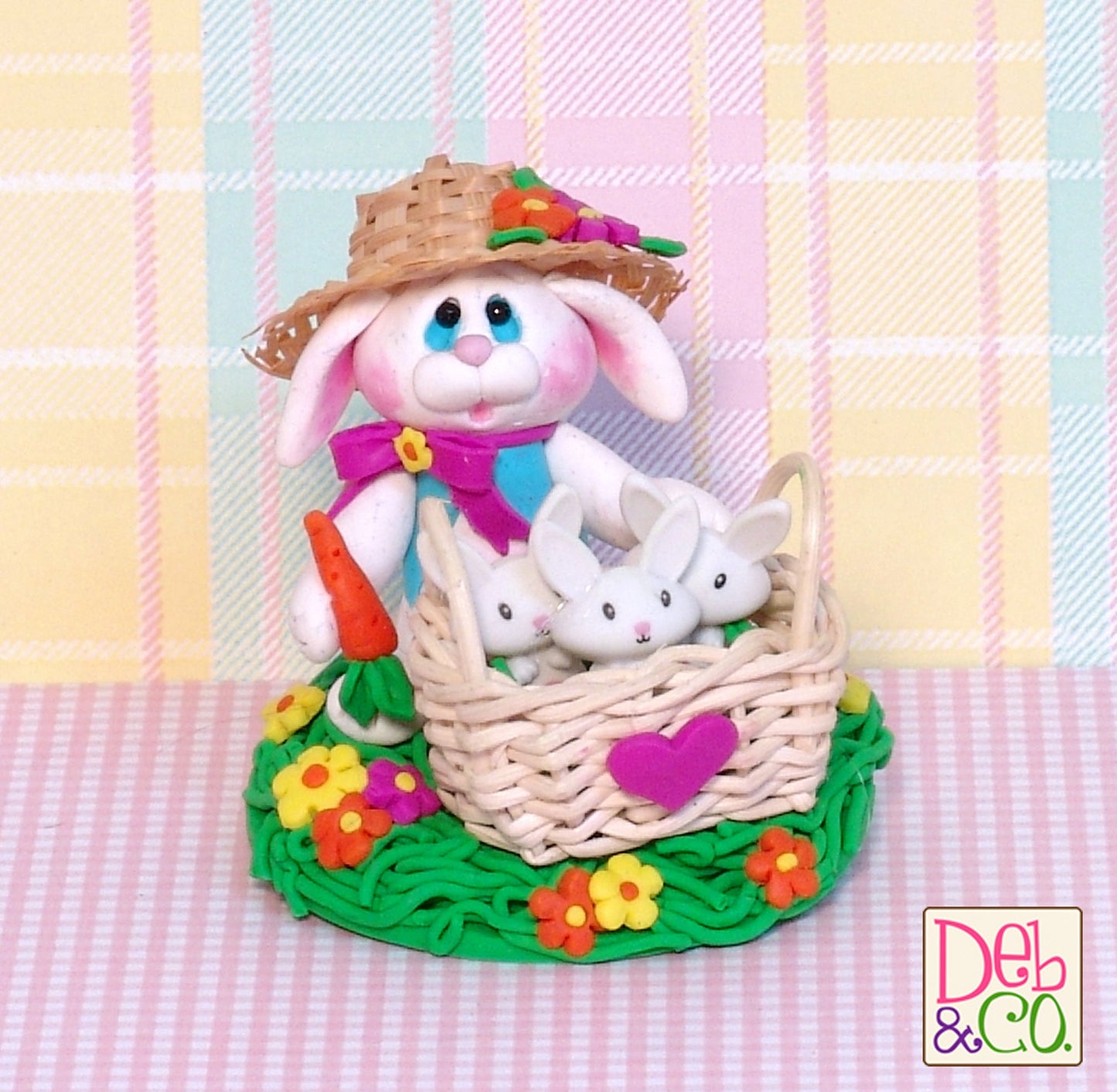 Mama Bunny Rabbit with Baby Bunnies HANDMADE POLYMER CLAY Easter Decor Figurine