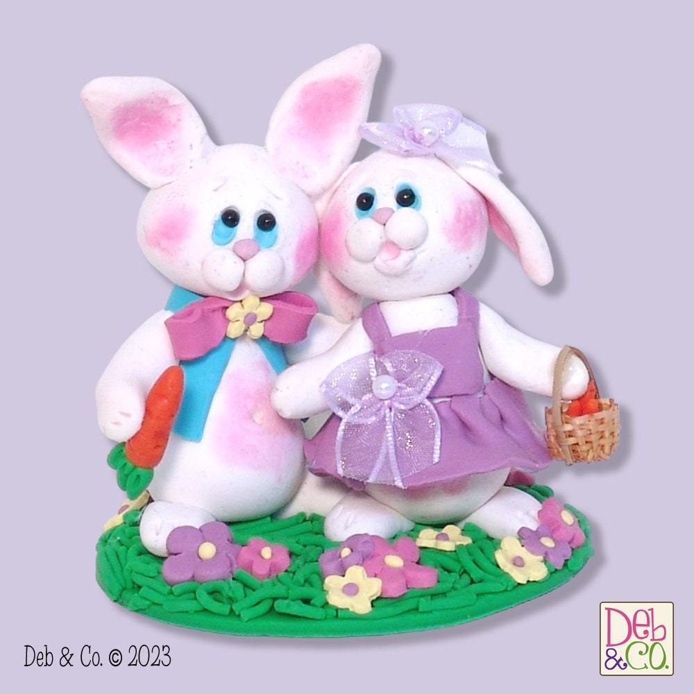 Bunny Rabbit Couple HANDMADE POLYMER CLAY Easter Decor Figurine