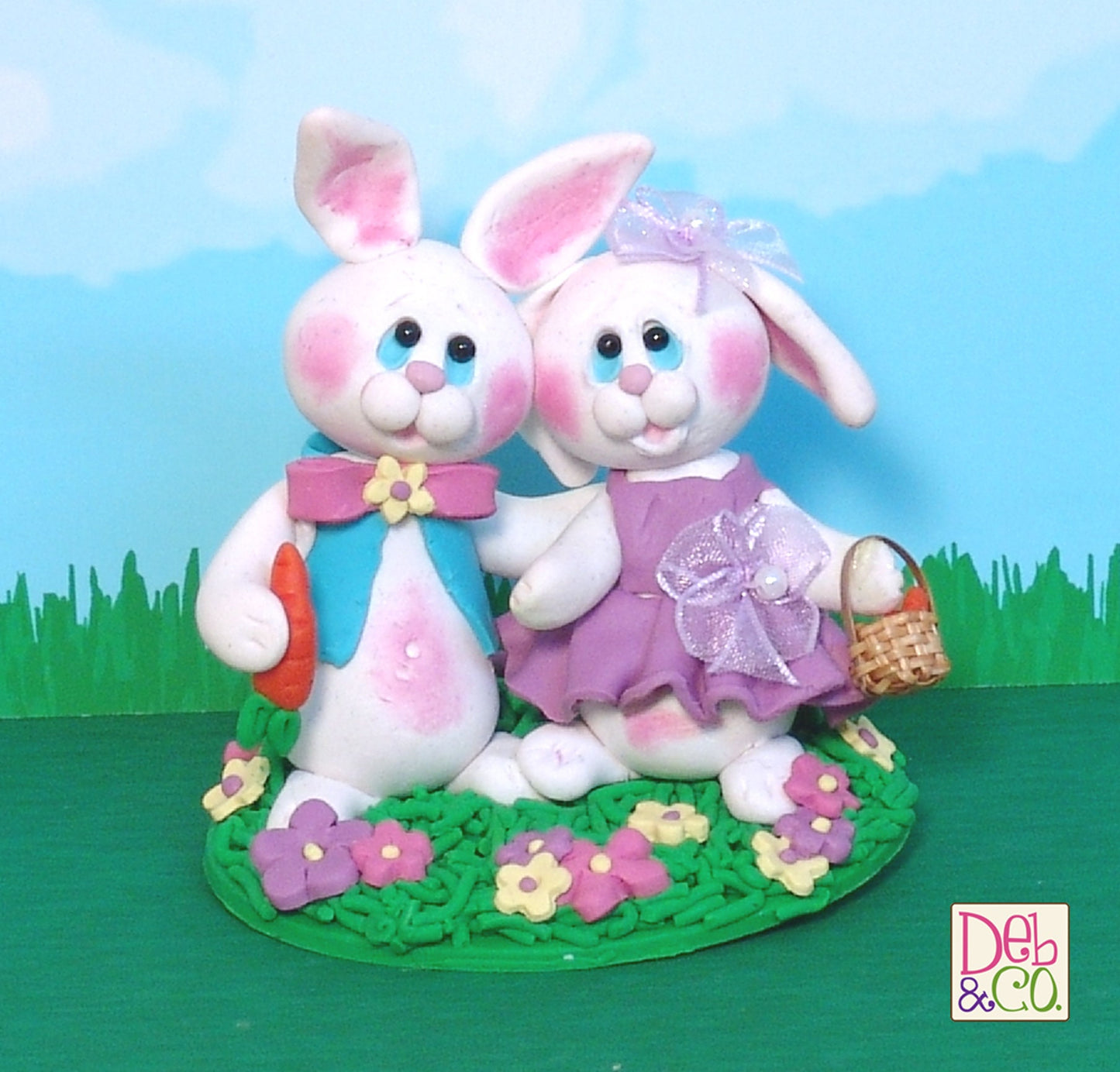 Bunny Rabbit Couple HANDMADE POLYMER CLAY Easter Decor Figurine