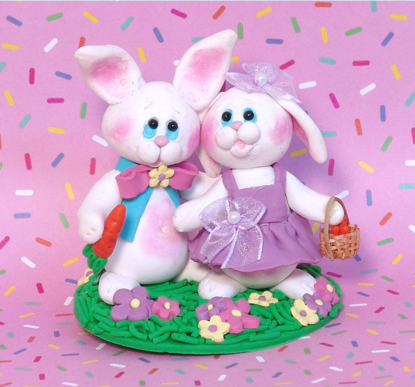 Bunny Rabbit Couple HANDMADE POLYMER CLAY Easter Decor Figurine