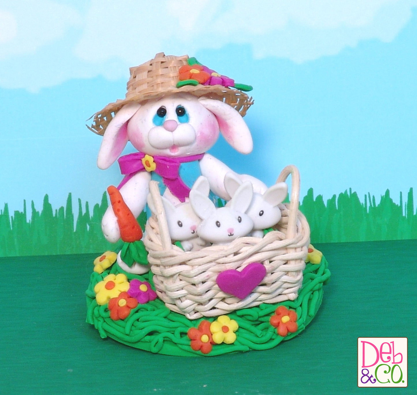 Mama Bunny Rabbit with Baby Bunnies HANDMADE POLYMER CLAY Easter Decor Figurine