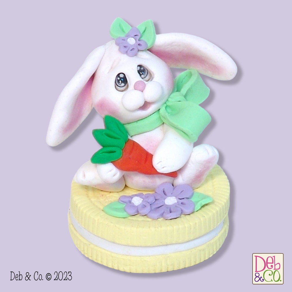 White Baby Bunny on Yellow Cookie Easter Bunny Handmade Polymer Clay Easter Decor