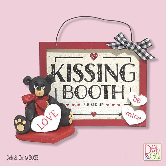 Handmade Polymer Clay Black Bear with Kissing Booth Sign Valentine Decoration - All One Piece