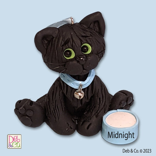 Solid Black KITTY CAT HANDMADE Polymer Clay Personalized Christmas Ornament