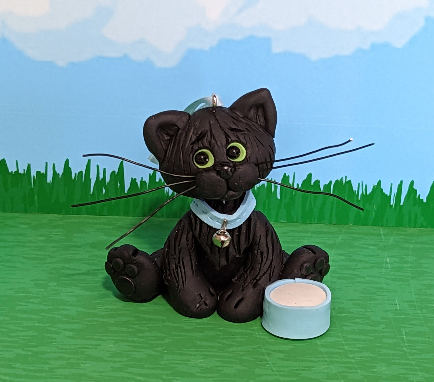 Solid Black KITTY CAT HANDMADE Polymer Clay Personalized Christmas Ornament