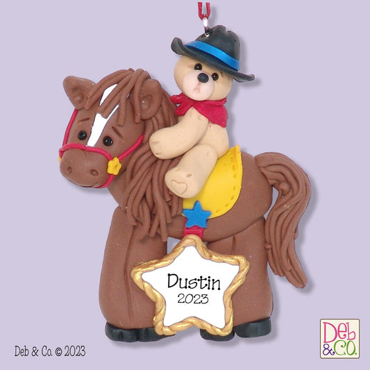 Cowboy's Bear on Horse HANDMADE Polymer Clay Personalized Christmas Ornament