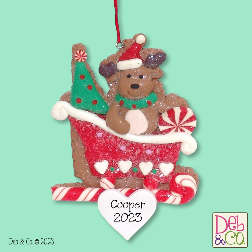 Gingerbread Reindeer in Sleigh HANDMADE POLYMER CLAY Christmas Ornament