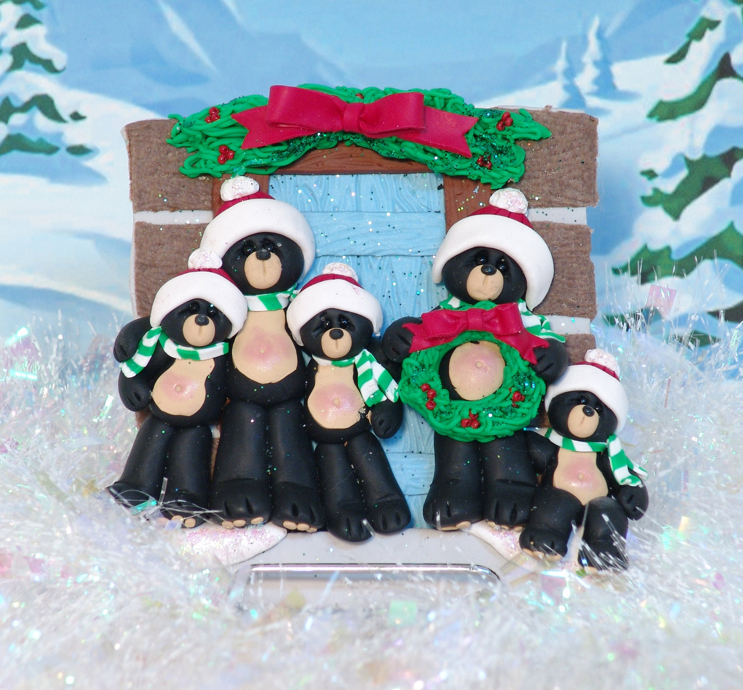 Black Bear Family of 5 Personalized Christmas Plaque HANDMADE POLYMER CLAY Tabletop Decor