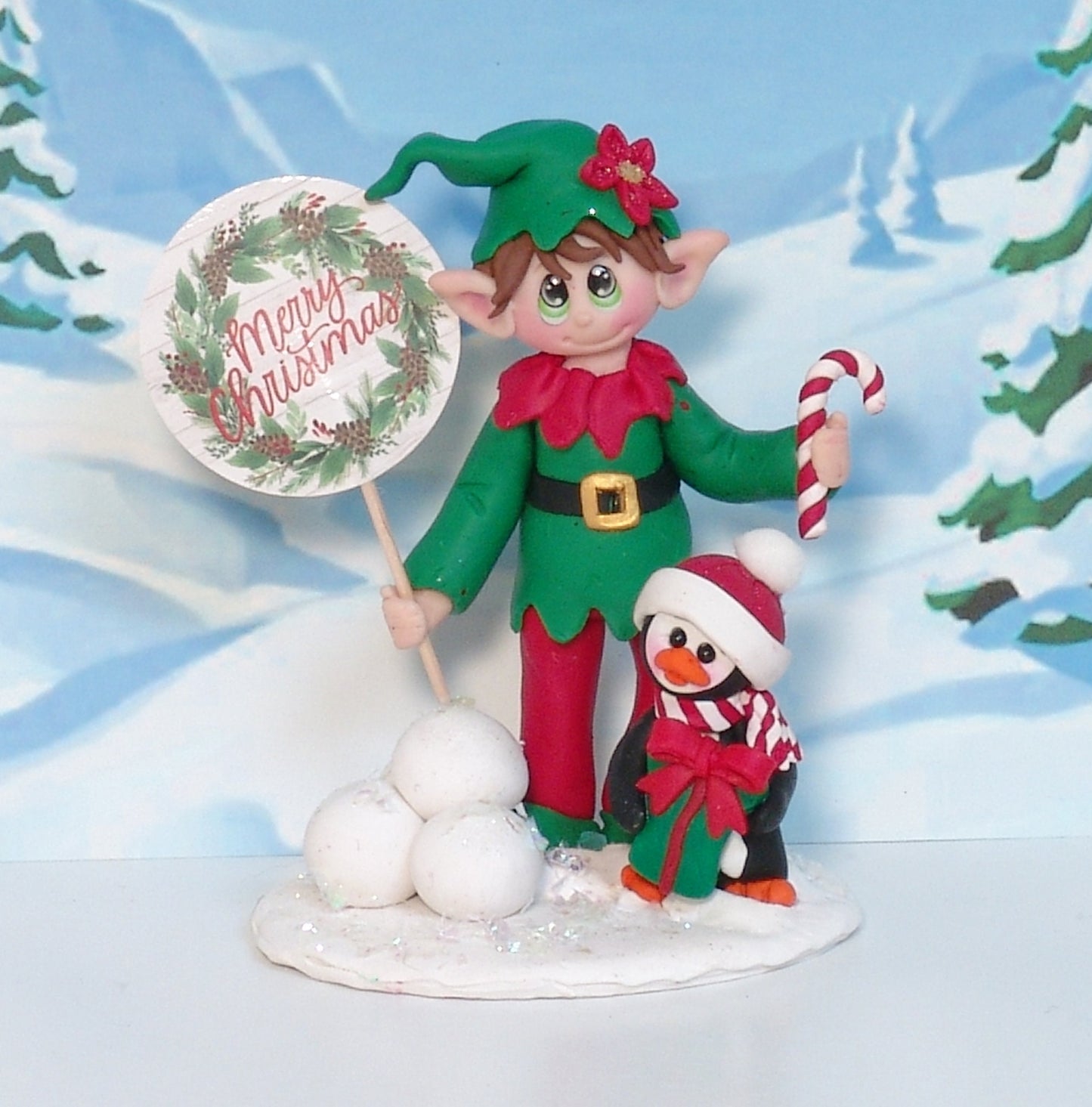 Edwin the Elf and Petey Penguin Figurine HANDMADE Polymer Clay Elves Christmas Decor