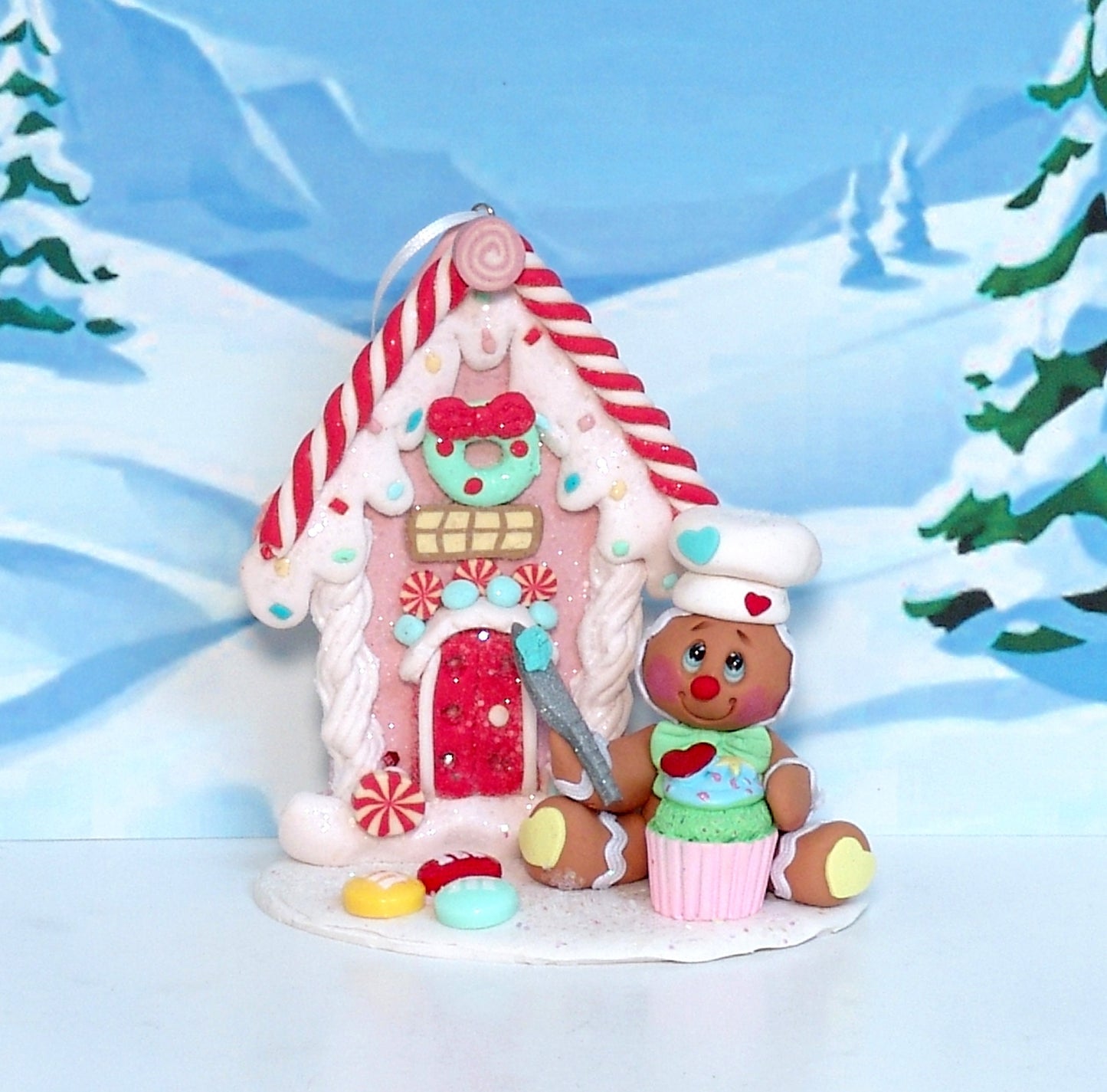 Gingerbread Clay Figure with Gingerbread House & Cupcake HANDMADE POLYMER CLAY Gingy Christmas Figurine - Tiered Tray Decor