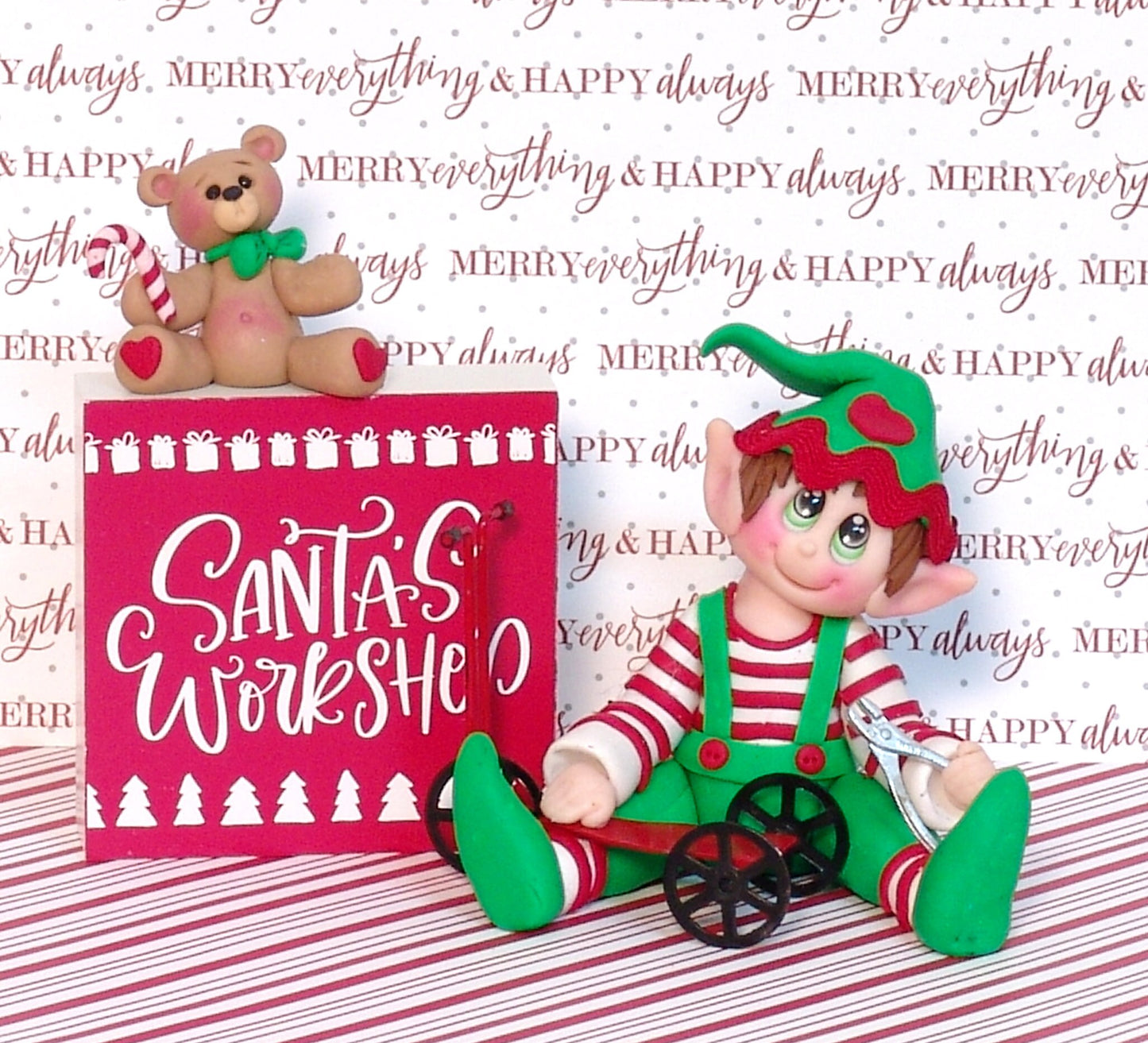 Tommy Toy maker Elf with Teddy Bear and Scooter 3 piece set - Handmade Polymer Clay