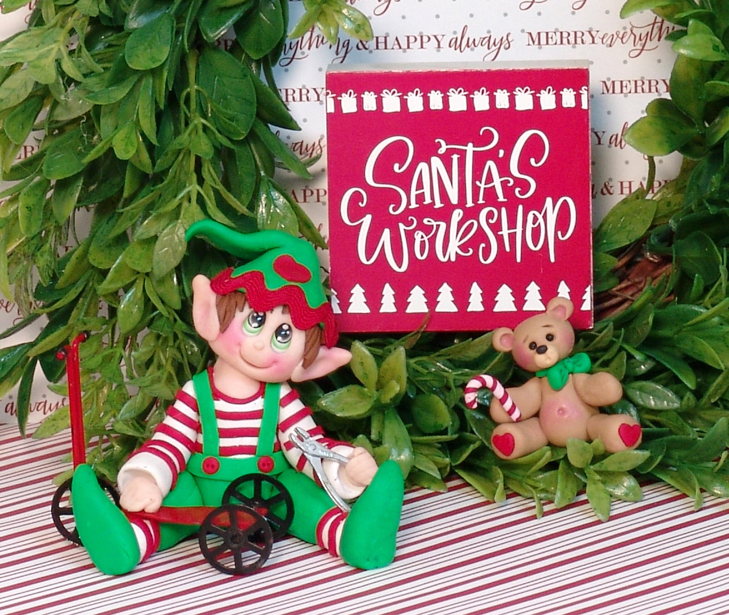Tommy Toy maker Elf with Teddy Bear and Scooter 3 piece set - Handmade Polymer Clay
